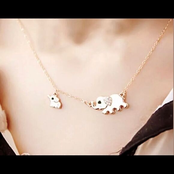 Mama and Baby Elephant Rhinestone Gold Necklace - Picture 1 of 6